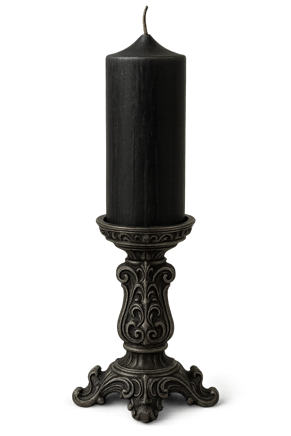 gothic candle, black wax with silver holder, no background emoji