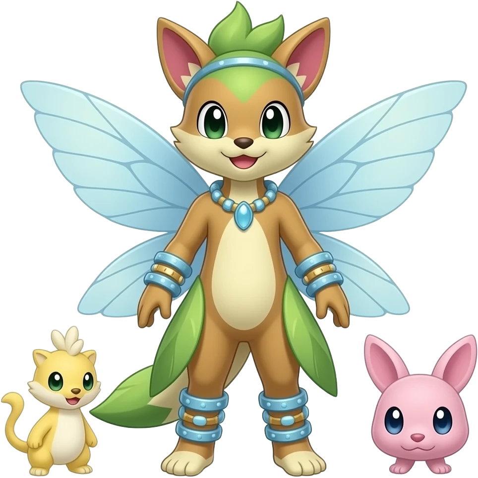 Epic complex knightly divine glorious futuristic detailed dark dusky gloomy pastel pink-pastel-green-pastel-yellow-white-gradient-iridescent, realistic Fakémon-Sprigatito-Floragato-Meowscarada-Trico-Sergal-Serval-Vernid-creature (full body) with bracelets and anklets and fairy wings emoji
