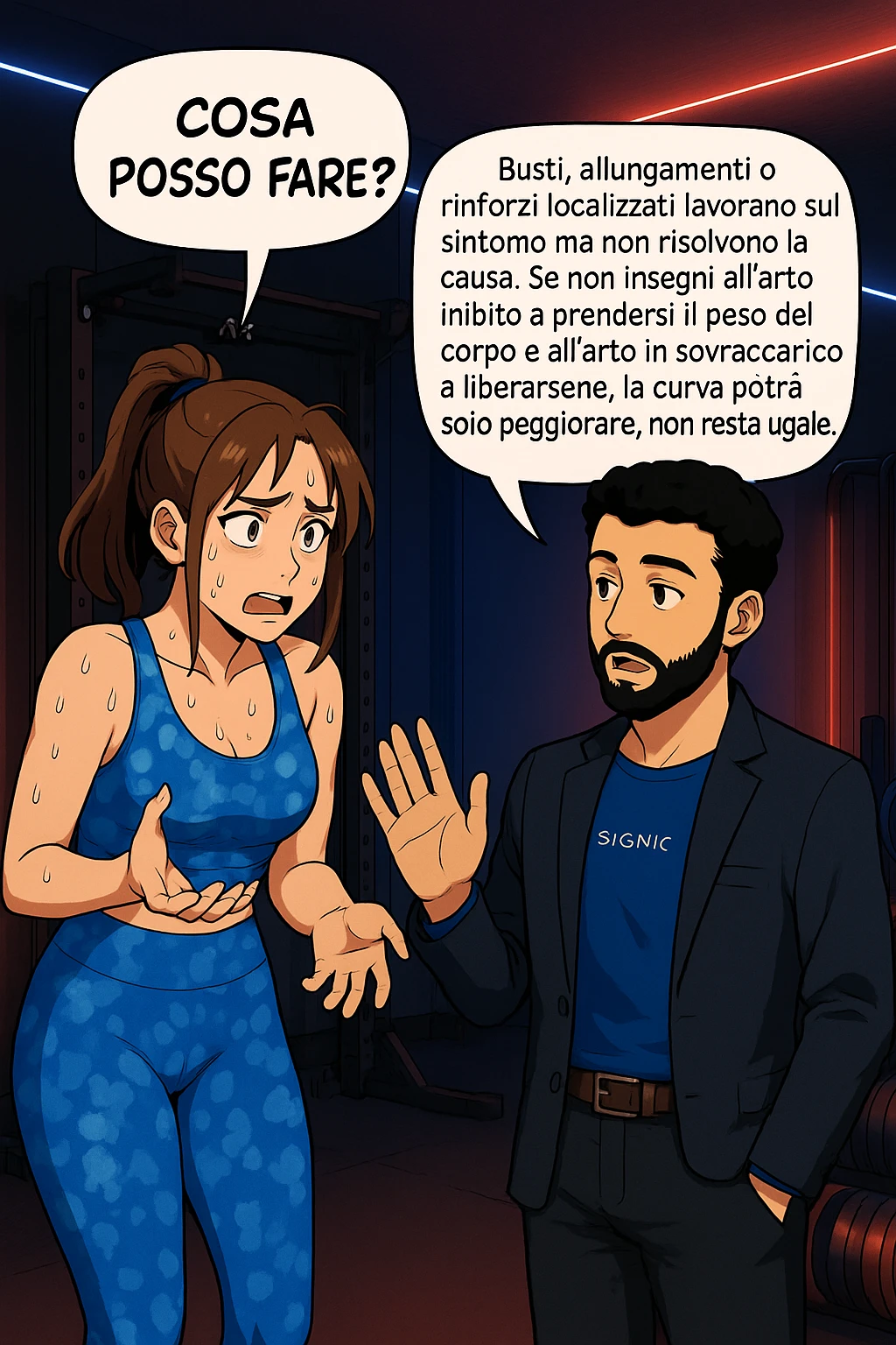 ispirati a questo stile di disegno e fai questa immagine in versione manga/webtoon a colori, il manga mostra la donna preoccupata che chiede: "COSA POSSO FARE?" E L'UOMO CHE RISPONDE: Busti, allungamenti o rinforzi localizzati lavorano sul sintomo ma non risolvono la causa. Se non insegni all’arto inibito a prendersi il peso del corpo e all’arto in sovraccarico a liberarsene, la curva potrà solo peggiorare; non resta uguale. Commenta con scoliosi e ti mando un esempio del lavoro da fare per recuperare simmetria ed eliminare il dolore. emoji
