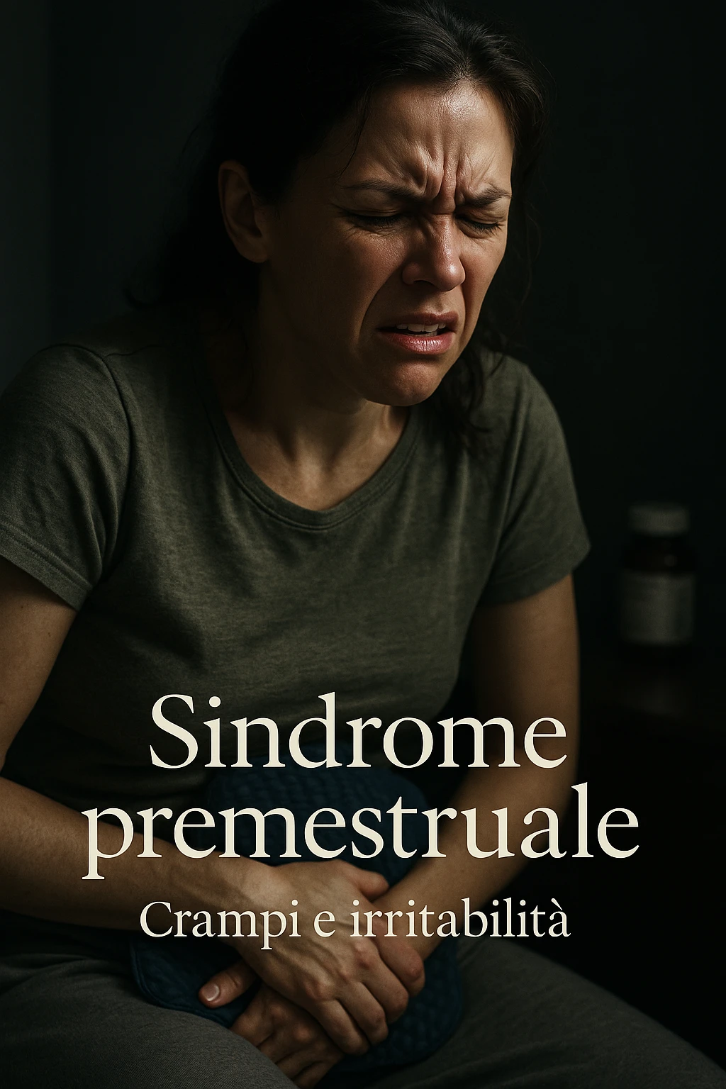realistic and cinematic image of a woman with severe cramps and irritability from premenstrual syndrome, realistic details, clinical dramatic lighting, Italian captions, vertical 2:3 format emoji