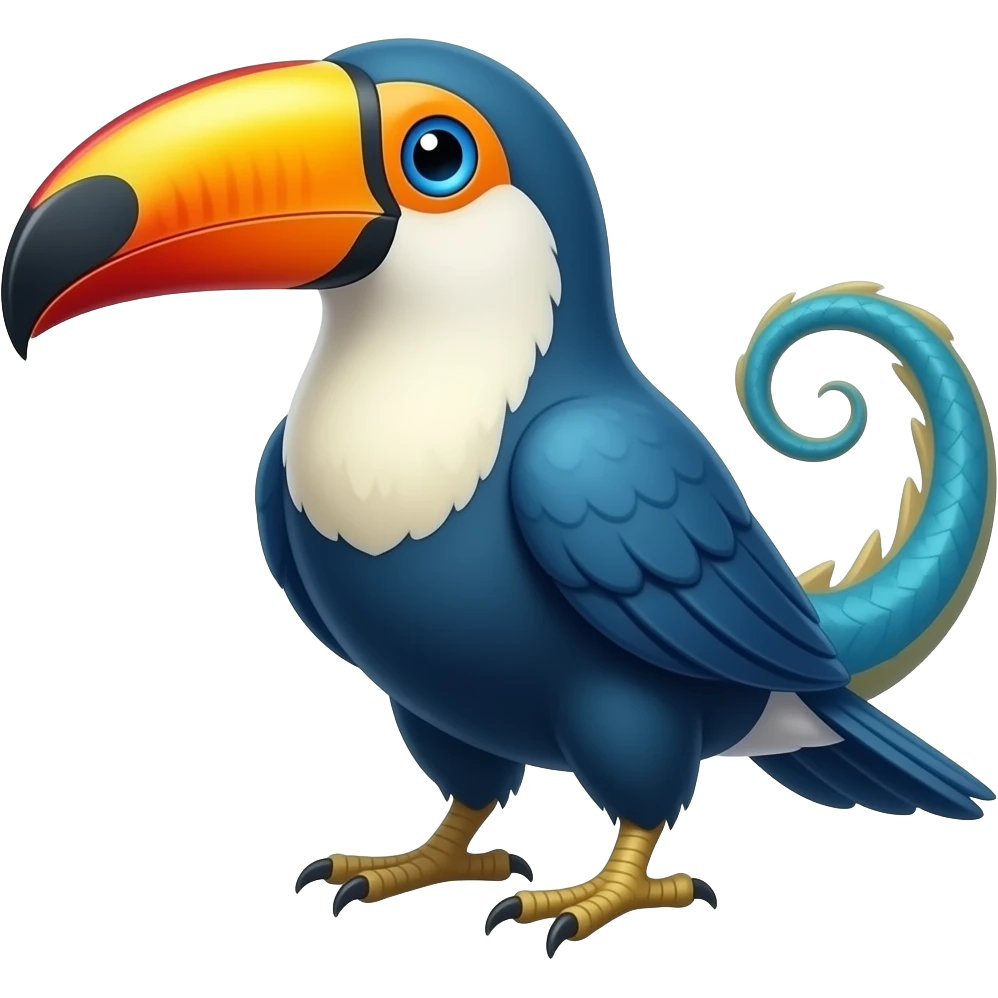 Blue tropical toucan-fakemon-bird, with red long beak, with a short blue lizard-tail curled inwards, Genshin Impact’s Dusk Bird emoji