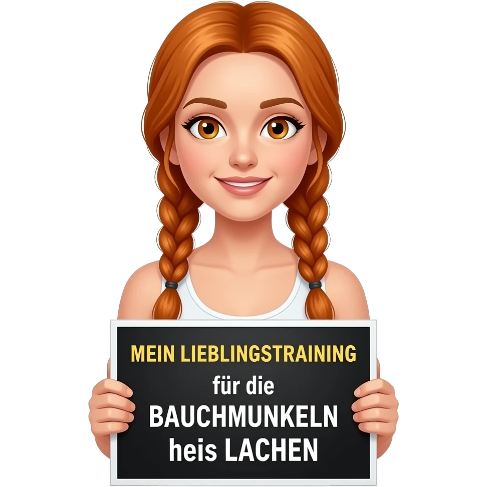 sexy girl with long ginger braids and ginger eyes wearing a white tanktop is holding a black sign with MEIN LIEBLINGSTRAINING für die BAUCHMUSKELN heißt LACHEN written on it emoji