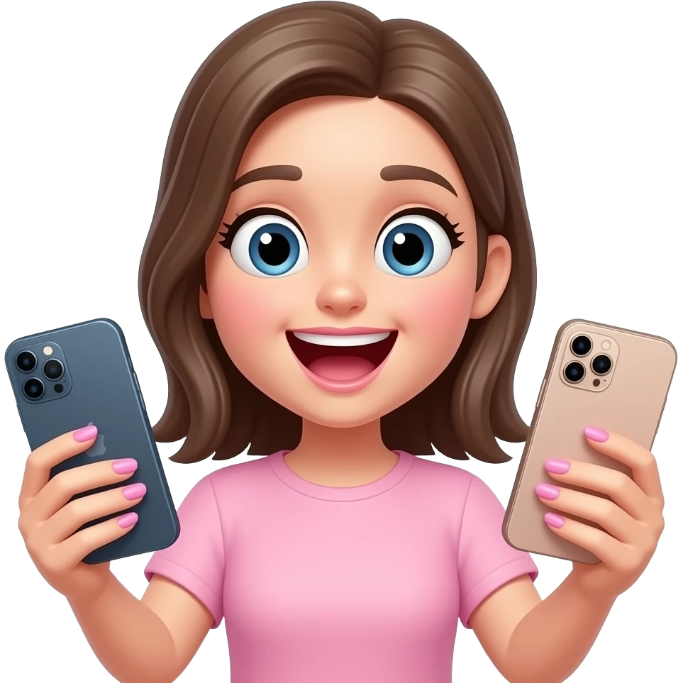 aesthetic emoji cm girl, exited expression, holding 2 smartphones in one hand, distracted, trendy nail art, soft pink and nude tones, minimal makeup, clean background, soft lighting, girly aesthetic, 3D emoji style, high detail emoji