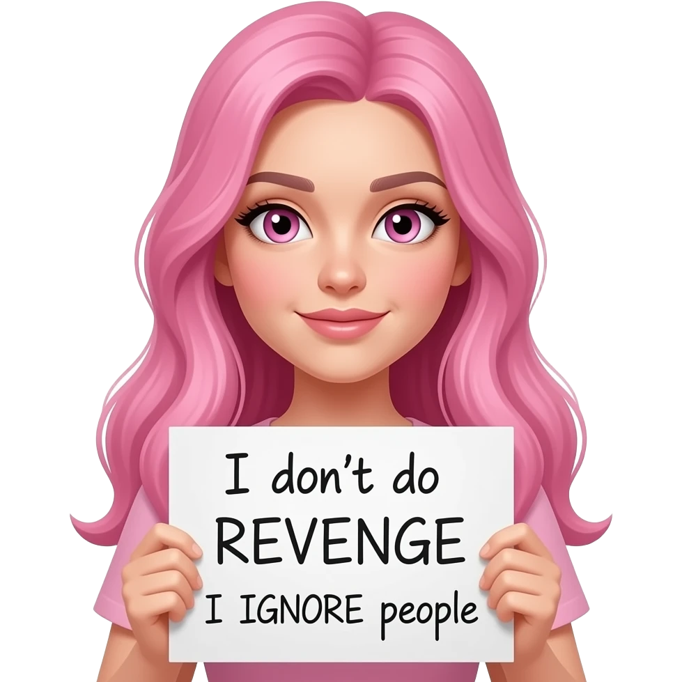 sexy girl with long pink hair and pink eyes holding a I don't do REVENGE I IGNORE people sign emoji