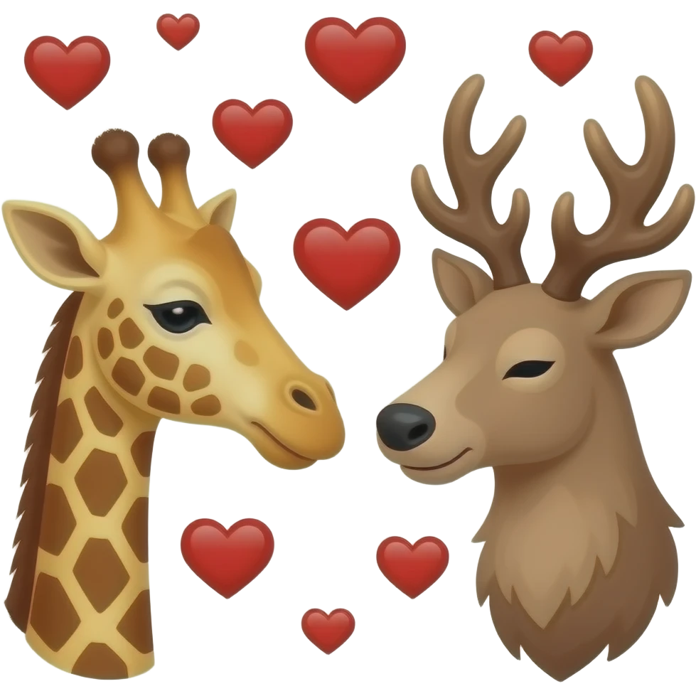 Einfacher Giraffenkopf und Elchkopf schauen sich an mit vielen Herzchen emoji