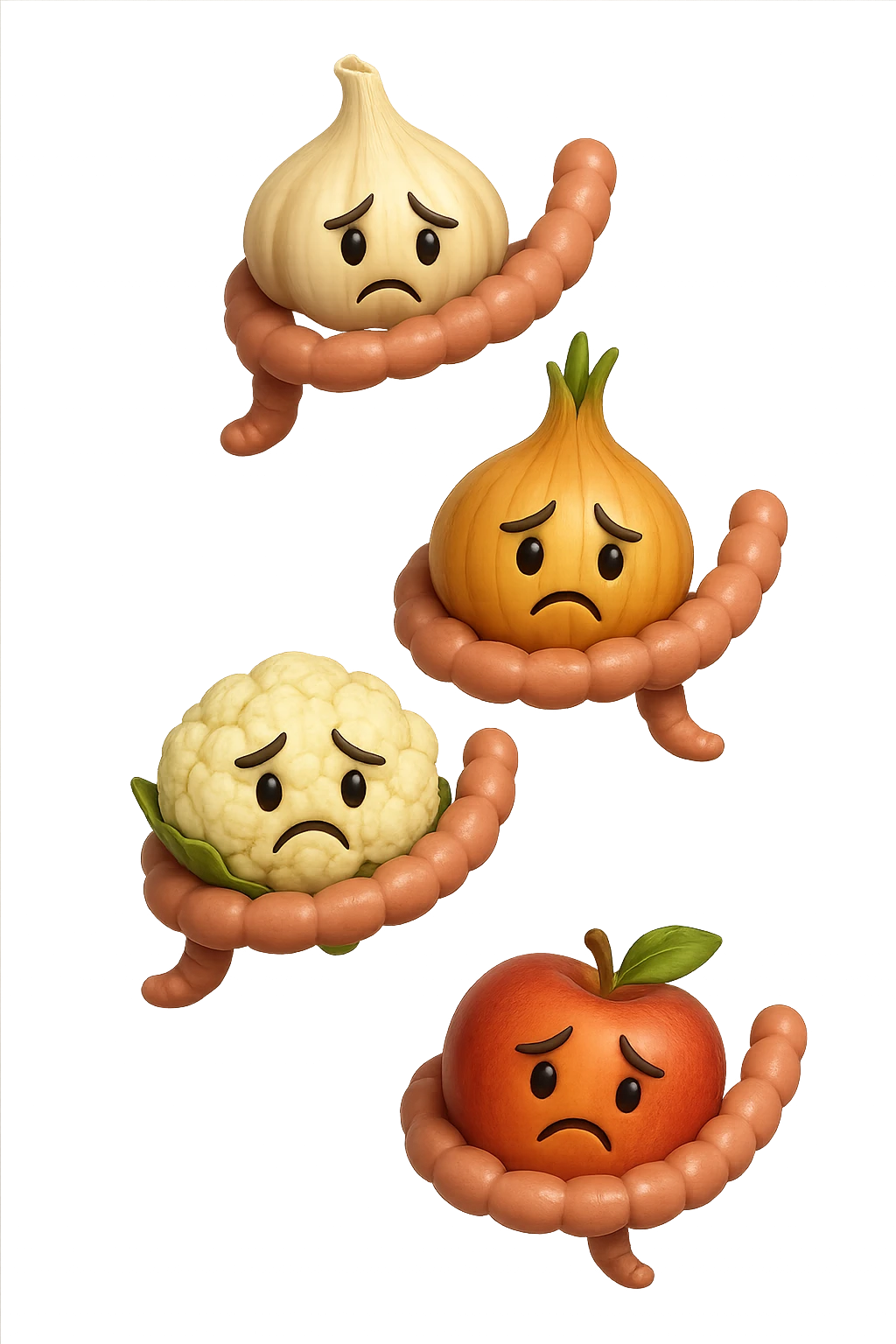EMOJI STILE IPHONE DI aglio, cipolle, cavolfiore e mele che cadono verticalmente dall'alto con espressione triste con pezzi di colon avvolti intorno, IPERREALISTICO 4K emoji