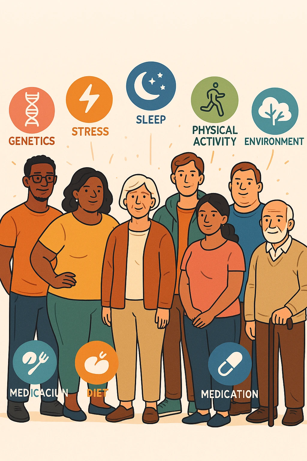 a diverse group of people of different body shapes, sizes, ages, and backgrounds stand together, each surrounded by floating icons representing factors like genetics, hormones, stress, sleep, physical activity, diet, medication, and environment. The mood is inclusive and informative, emphasizing that weight is influenced by many interconnected elements. emoji