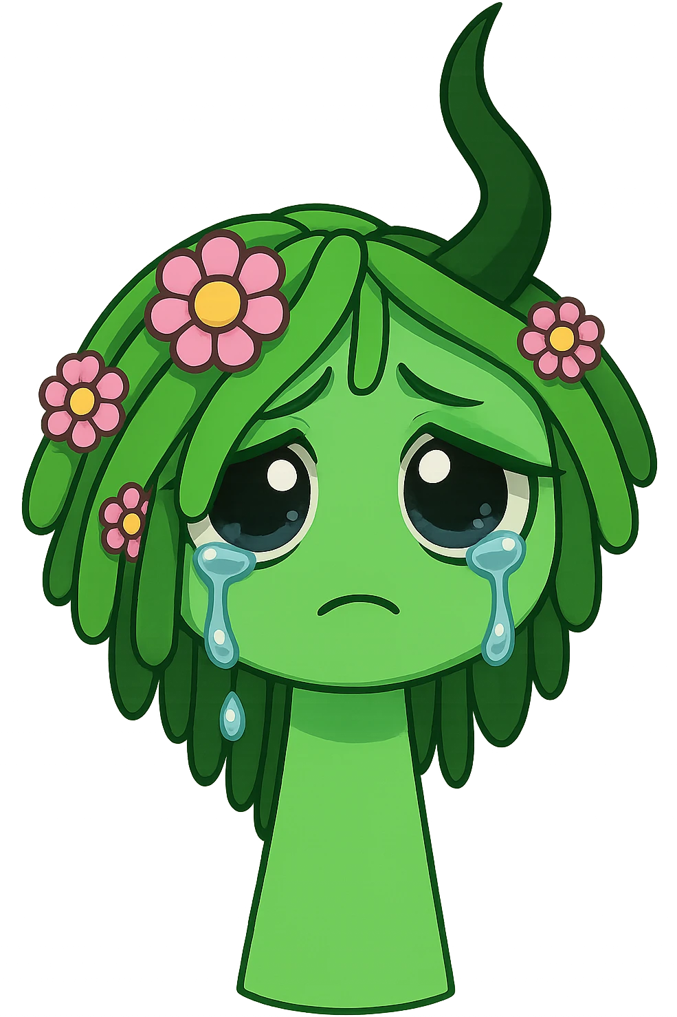 Change the green character with flower hair to a sad, teary-eyed expression, in chibi stickers style, transparent background. emoji