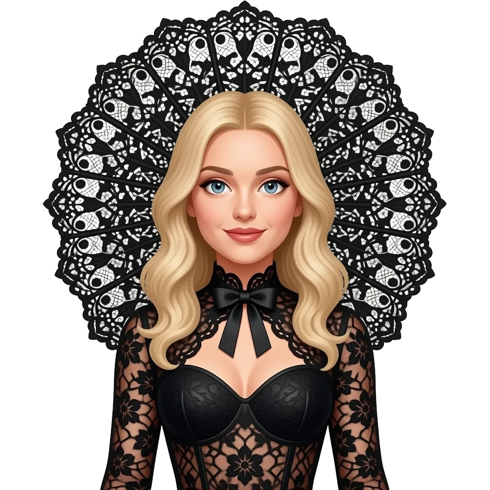 Sabrina Carpenter blonde wears a striking black lace bodysuit paired with an oversized, sculptural lace ruff that frames the head and shoulders like a dramatic fan. a satin sweetheart neckline and a central bow detail, transitioning into intricate floral lace throughout the torso. emoji