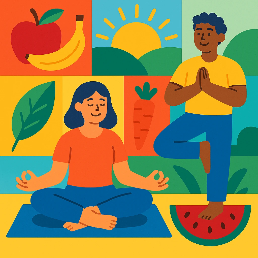 wellness theme, vibrant cartoon style, cheerful mood emoji