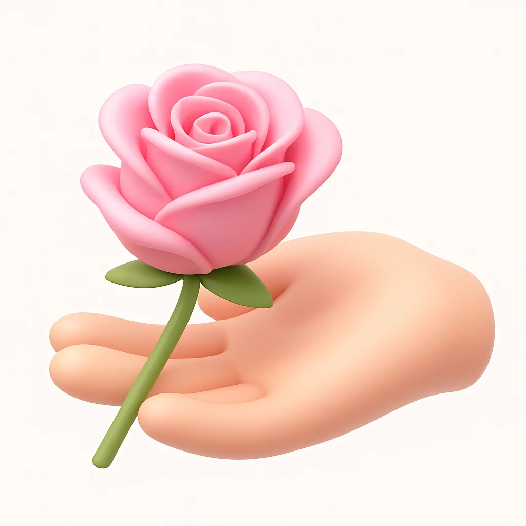 3D iOS style illustration of a hand gently holding a pink rose, soft rounded shapes, pastel colors, smooth shading, white or light background, inspired by iOS emoji aesthetics. emoji
