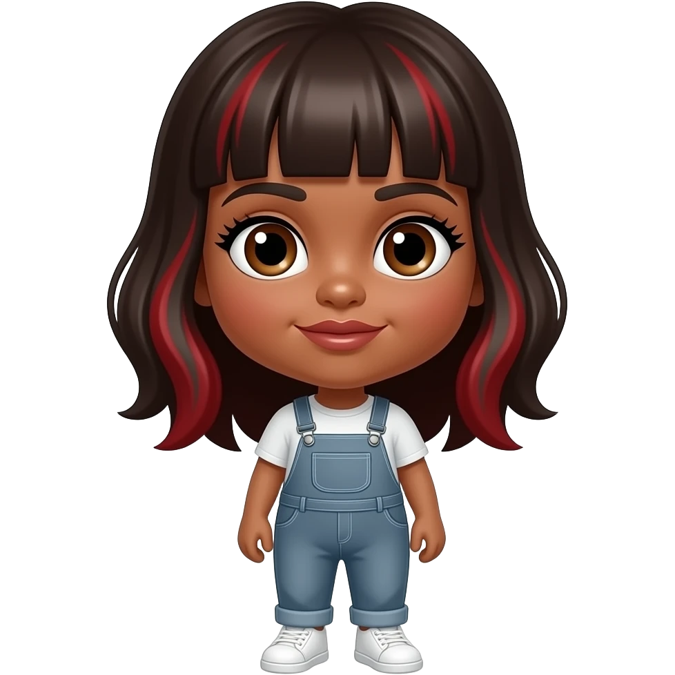 Cabello negro con rayos rojos chocolate,ojos cafes claros,color morena pestañas grandes,labios gruesos,Cejas negras,nariz redonda,estatura 1.60 ropa overzais color gris zapatos blancos emoji