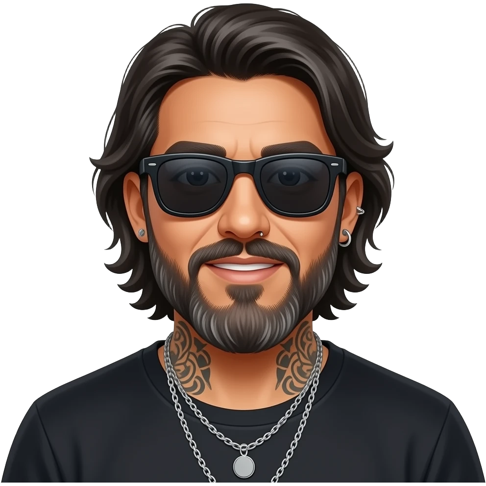 The handsome Latino podcast host with medium length hair, a long graying beard and tattoos with dark sunglasses, his ear pierced and right nostril as well as he is saying goodbye for the last time emoji