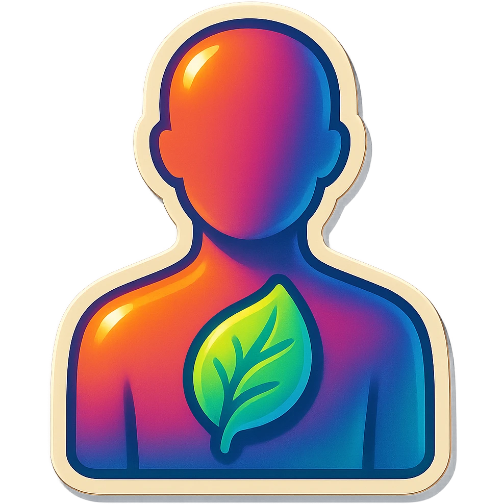 human silhouette or body with a leaf symbolizing mental health placed on the chest, retro stickers style, clear outlines, strong shadows and highlights, fun and not too complex, psychosomatics and psychology theme emoji