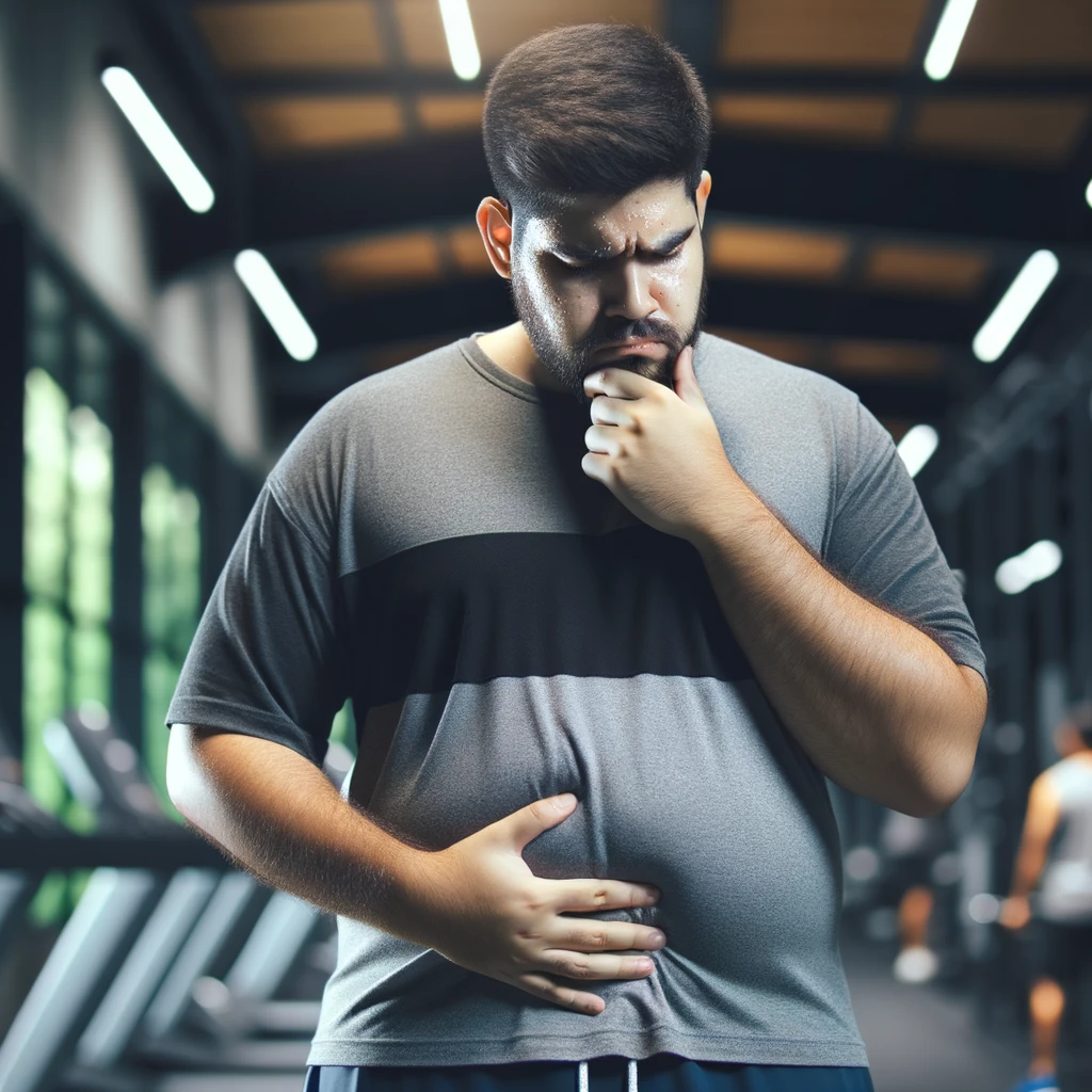 UOMO IN PALESTRA LEGGERMENTE SOVRAPPESO, SI TOCCA LA PANCIA CON ESPRESSIONE DISPIACIUTA IN VOLTO, iperrealistico 4k emoji