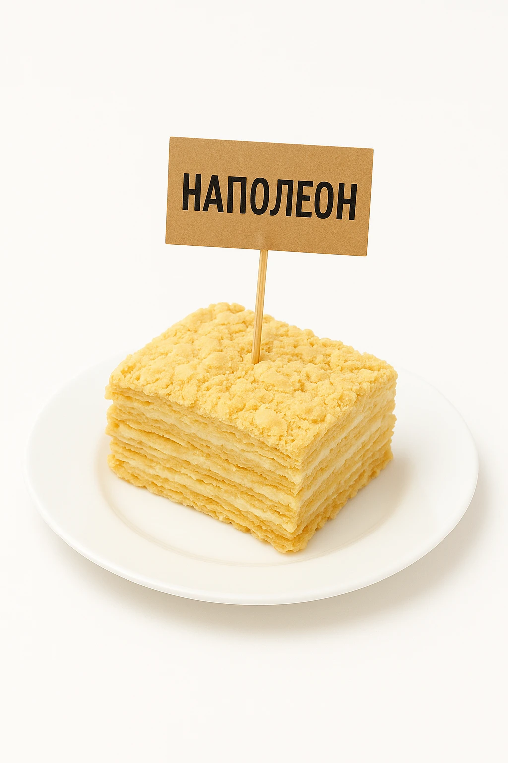 Сгенерируй мне такую же тарелку с кусочком наполеона, но что в нем торчала шпашка и на ней было написанно Наполеон  emoji