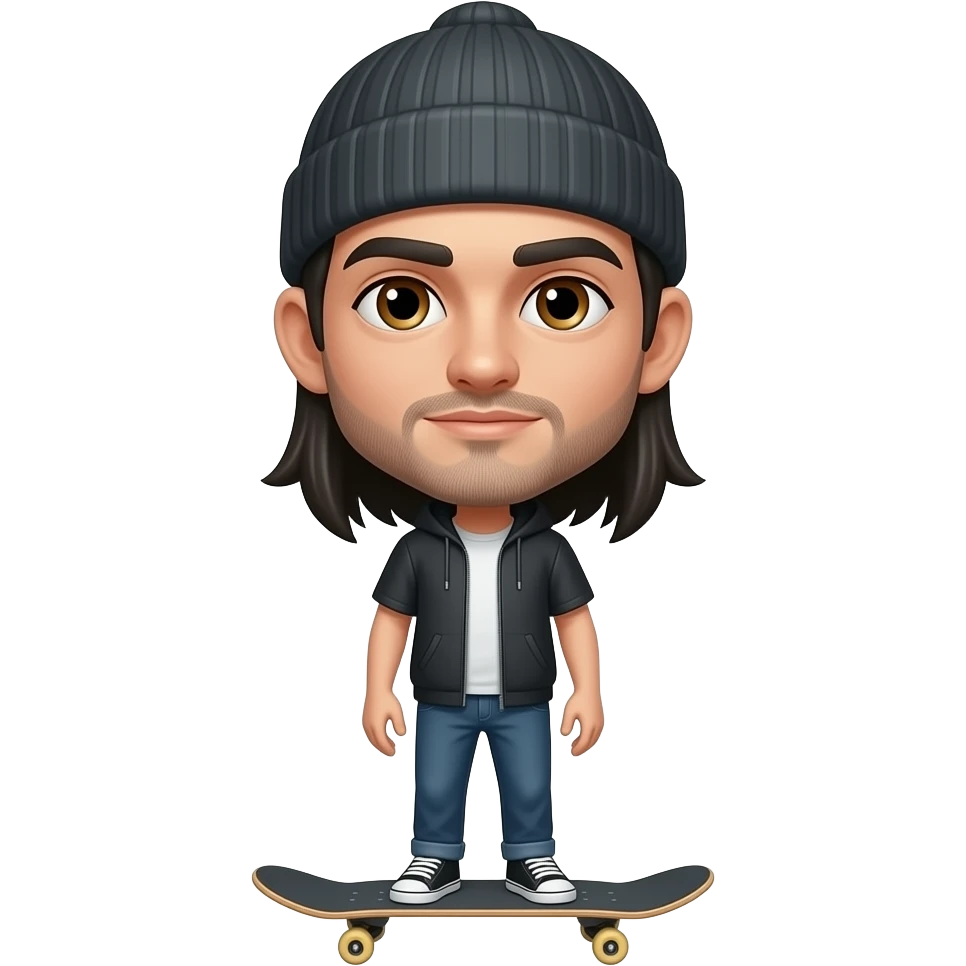 White background, Long face, Skinny physique, black thick eyebrows, straight shoulder length long black hair man, hazel eyes, 5 oclock shadow with beanie skateboarder emoji