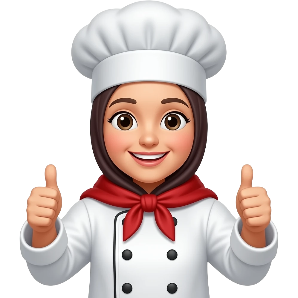 Buatkan koki berhijab yang tersenyum dan kedua tangannya menunjukkan jempol emoji