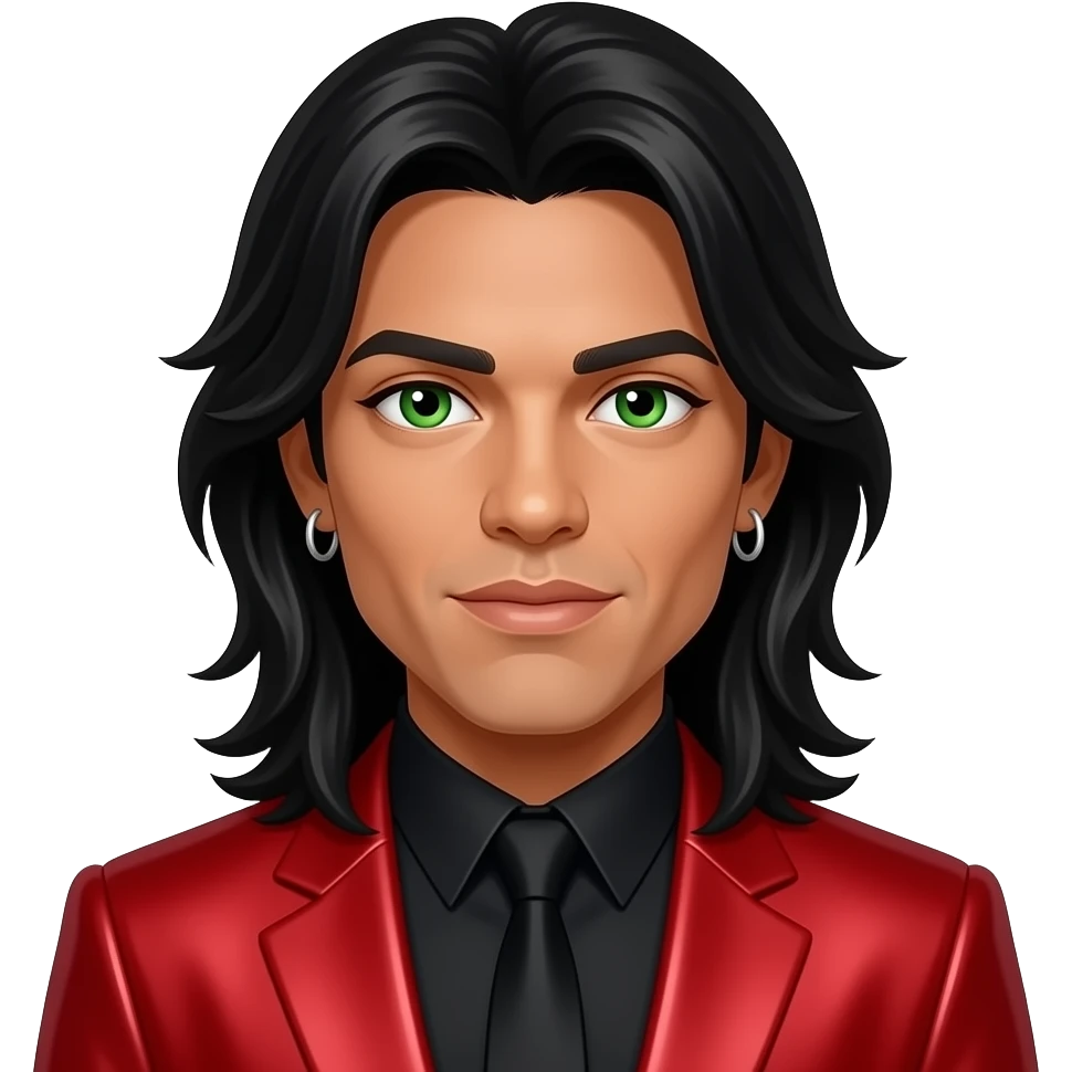 Rob Pilatus from Milli Vanilli with medium dark skin, green eyes, long black shoulder-length hair, red metallic 80s new romantic mao suit, earrings emoji