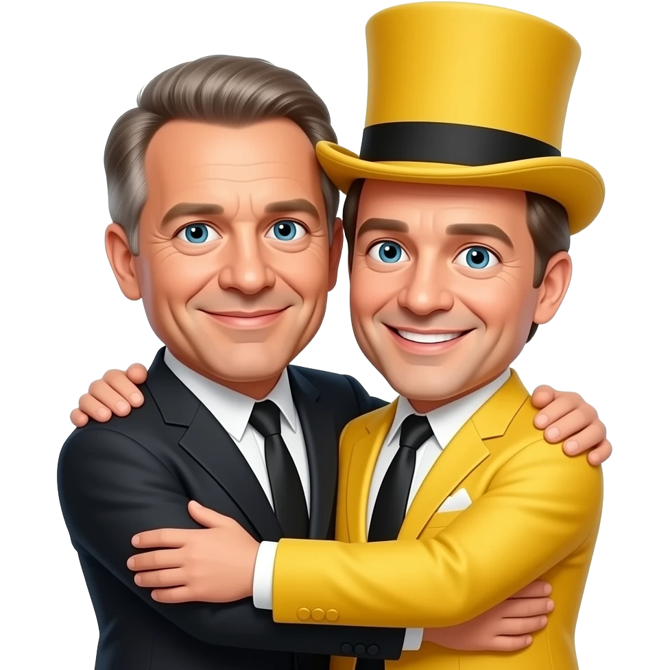 jeffrey epstien hugging a stage magician in a yellow suit who is also wearing a yellow top hat emoji