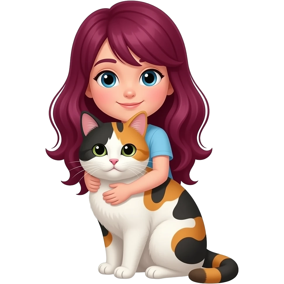 Make her cuddle a calico cat (The girl with maroon hair) emoji