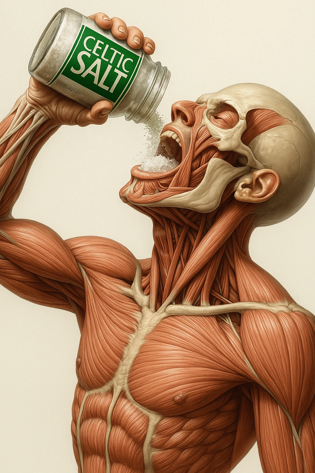 Create a vertical hyperrealistic 4K medical illustration exactly matching the style and composition of the reference image. The subject is an anatomically accurate human body holding a jar labeled 'CELTIC SALT', pouring salt into his mouth. The background should be neutral and clear. The image must be extremely detailed, vertical format, with the same pose and lighting as the reference. emoji