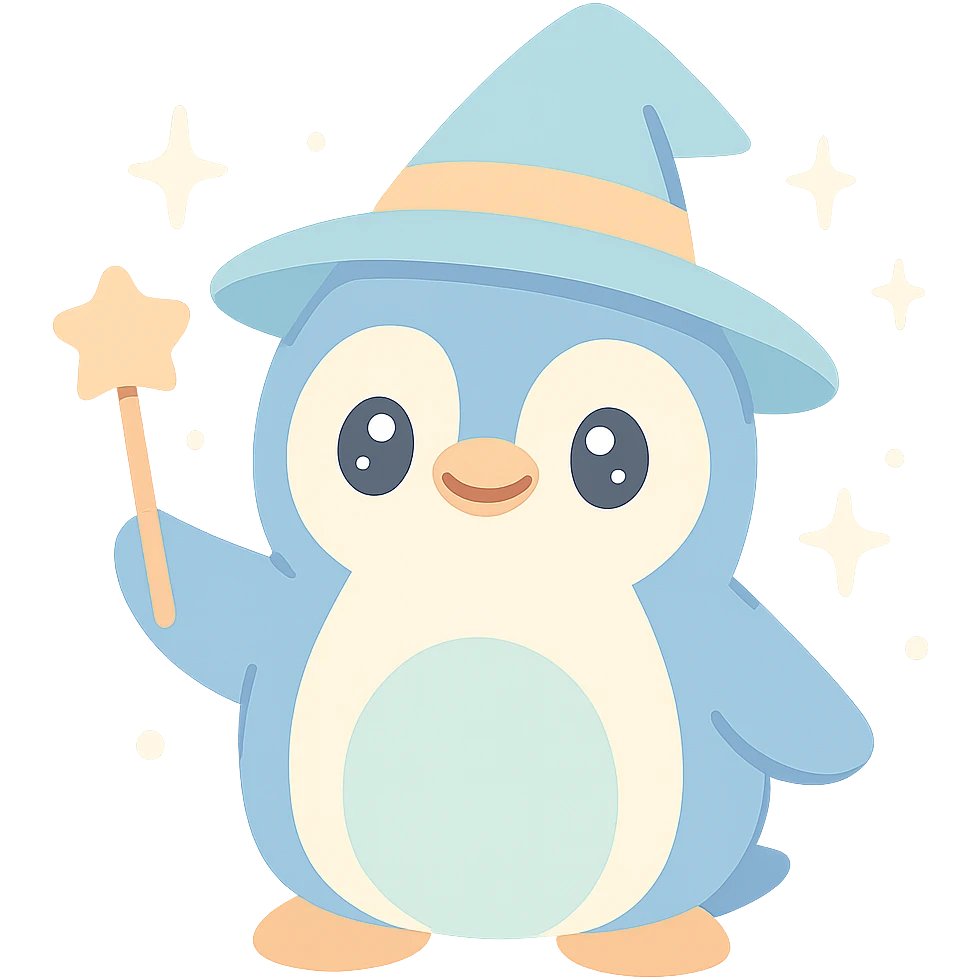 cute penguin wizard with a glowing magic aura, charming and whimsical emoji