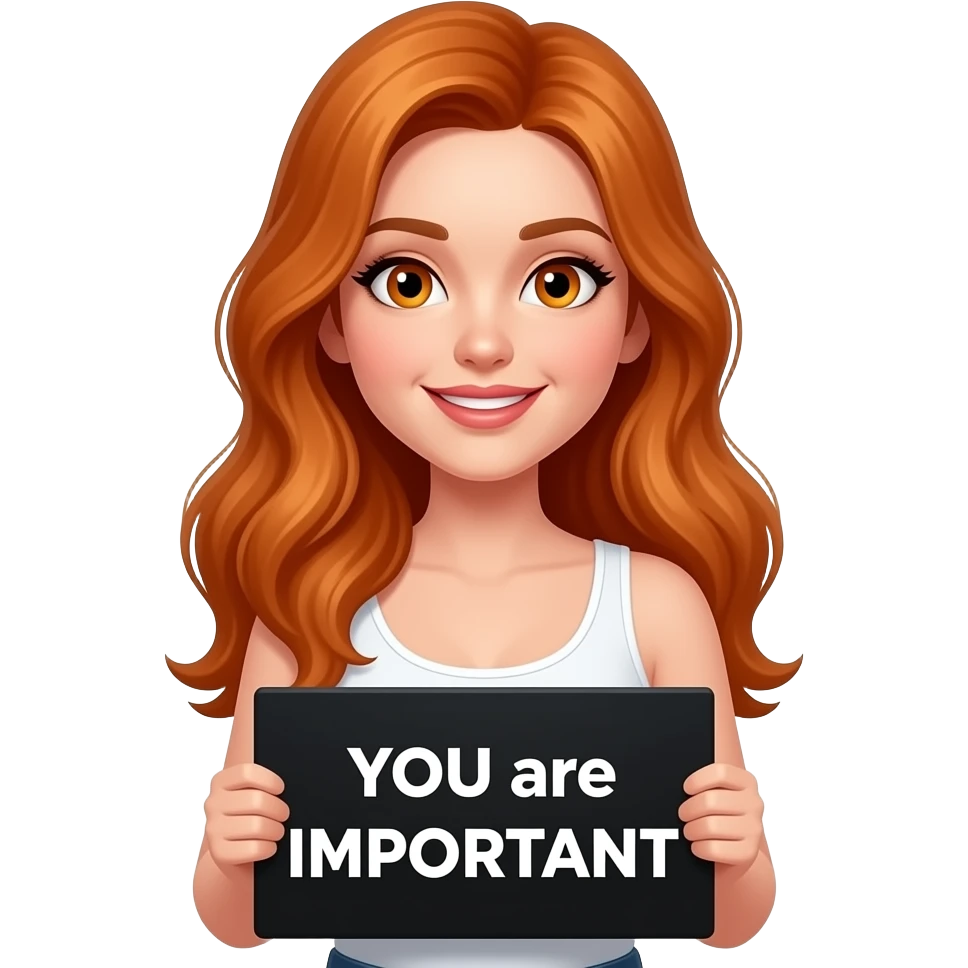 sexy girl with long ginger hair and ginger eyes wearing a white tanktop is holding a black sign with YOU are IMPORTANT written on it emoji