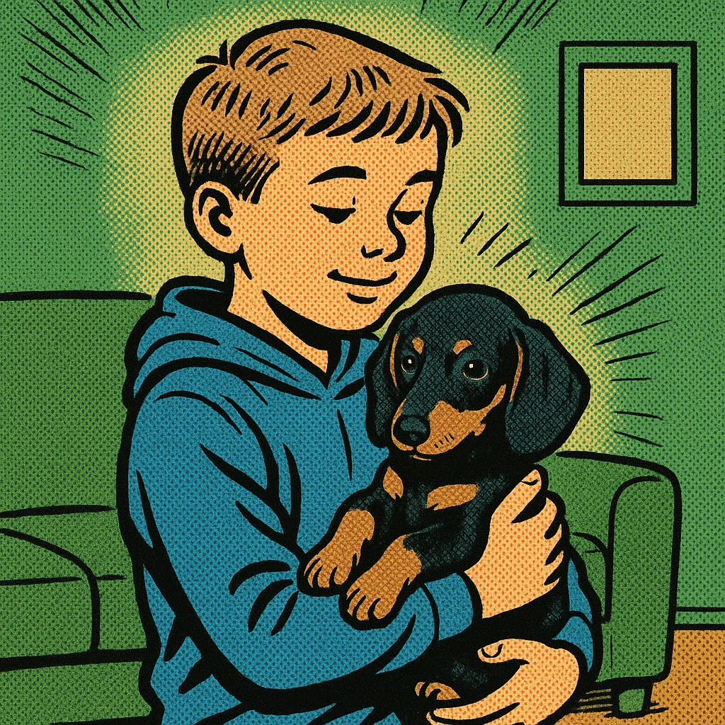A modern day 10 year old wearing a blue hoodie with a black and tan puppy dachshund in a green living room emoji