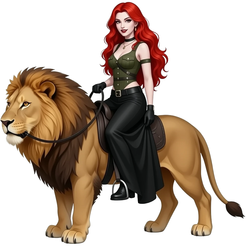 Vampiro femmina con capelli lunghi rosso fuoco ondulati con pelle bianca con gonna lunga nera e top canottiera stile militare che cavalca un leone FEMMINA emoji