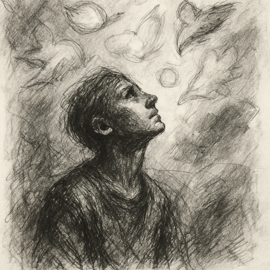 high-resolution black and white pencil sketch inspired by the poem 'menagerie', solitary figure gazing upward surrounded by ethereal dreamlike shapes representing fleeting moments of beauty and clarity, shapes floating and soaring above and around the figure, evoking private wonder and personal collection of memories, minimal background with dramatic lighting emphasizing introspection and intangible personal nature of the menagerie of moments, no text emoji