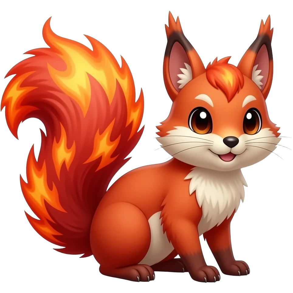 Hyper realistic fire red fur ablase with fire and shadow gradients beautiful elegant cute Fakémon-Pokémon-squirrel-fox-mouse-rat-chinchilla-Furret emoji