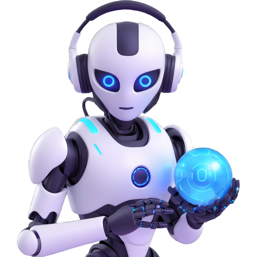 autonomous AI robot, metallic surface, blue illuminated eyes, headset, holding glowing digital orb emoji
