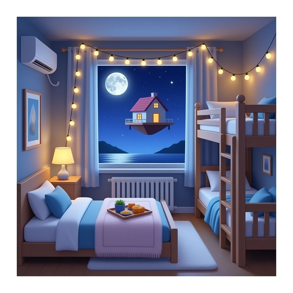 Yummy snacks and ldc lights  and cozy fuzzy blankets and a flying home  in night and a cozy moon and a big window and snacks and inside the house is flying and thers a aircon and a bucnk bed and it needs to be big front  view emoji