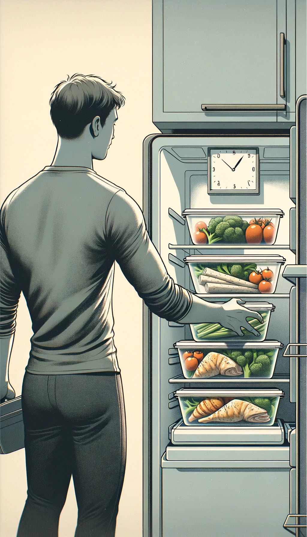 corpo umano di spalle che mette una schiscetta con del cibo già cotto in frigo, sfondo neutro chiaro emoji