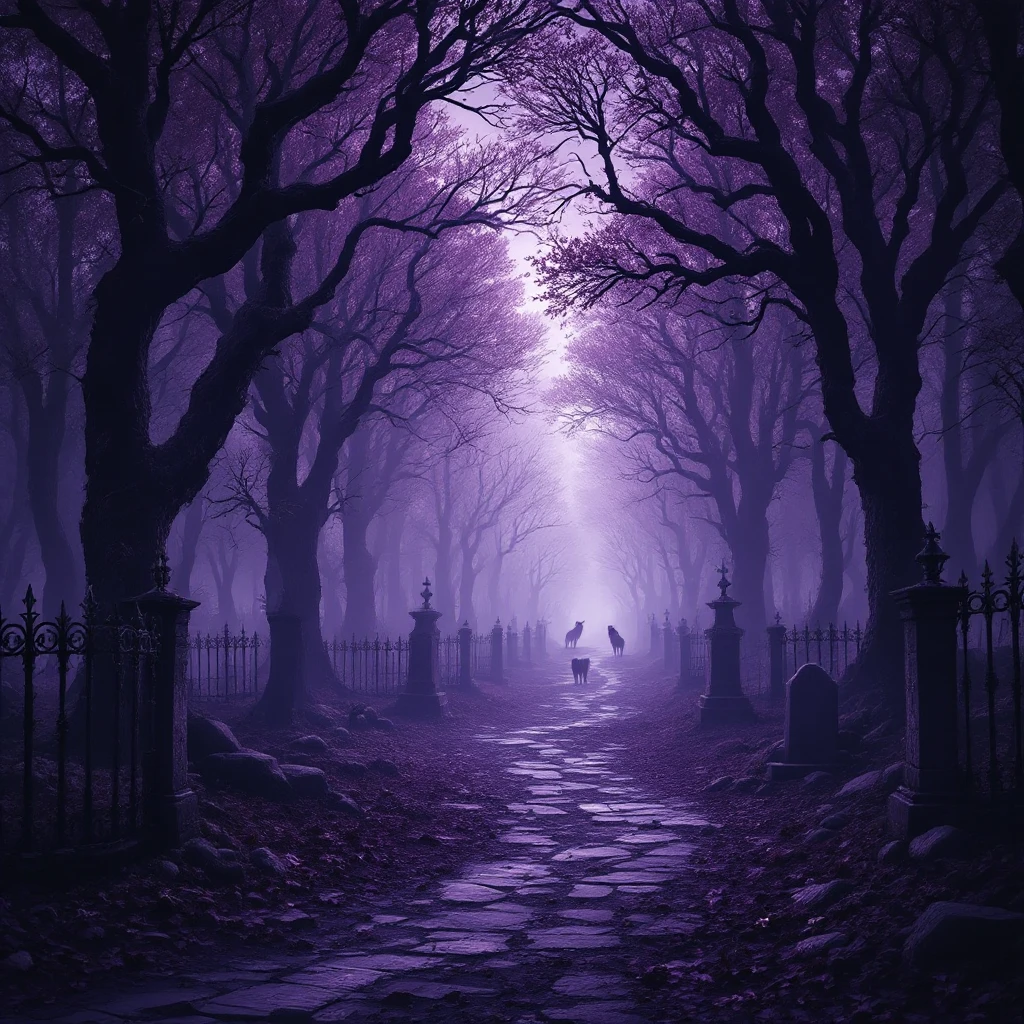 a fantasy dark forest, haunted, graveyard, iron fences and stonework, trees, wolves in the distance, thick woods, deep dark purple myst emoji