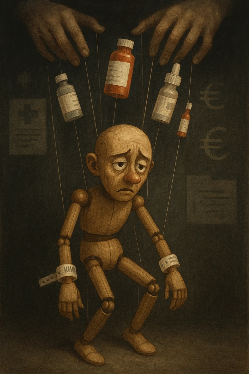 a marionette puppet with hospital bracelets and medication bottles as strings is controlled by unseen hands from above. The puppet’s face shows confusion and fatigue, representing the feeling of being managed by an invisible system. The background is dark, with faint images of medical charts and euro signs. in italiano emoji