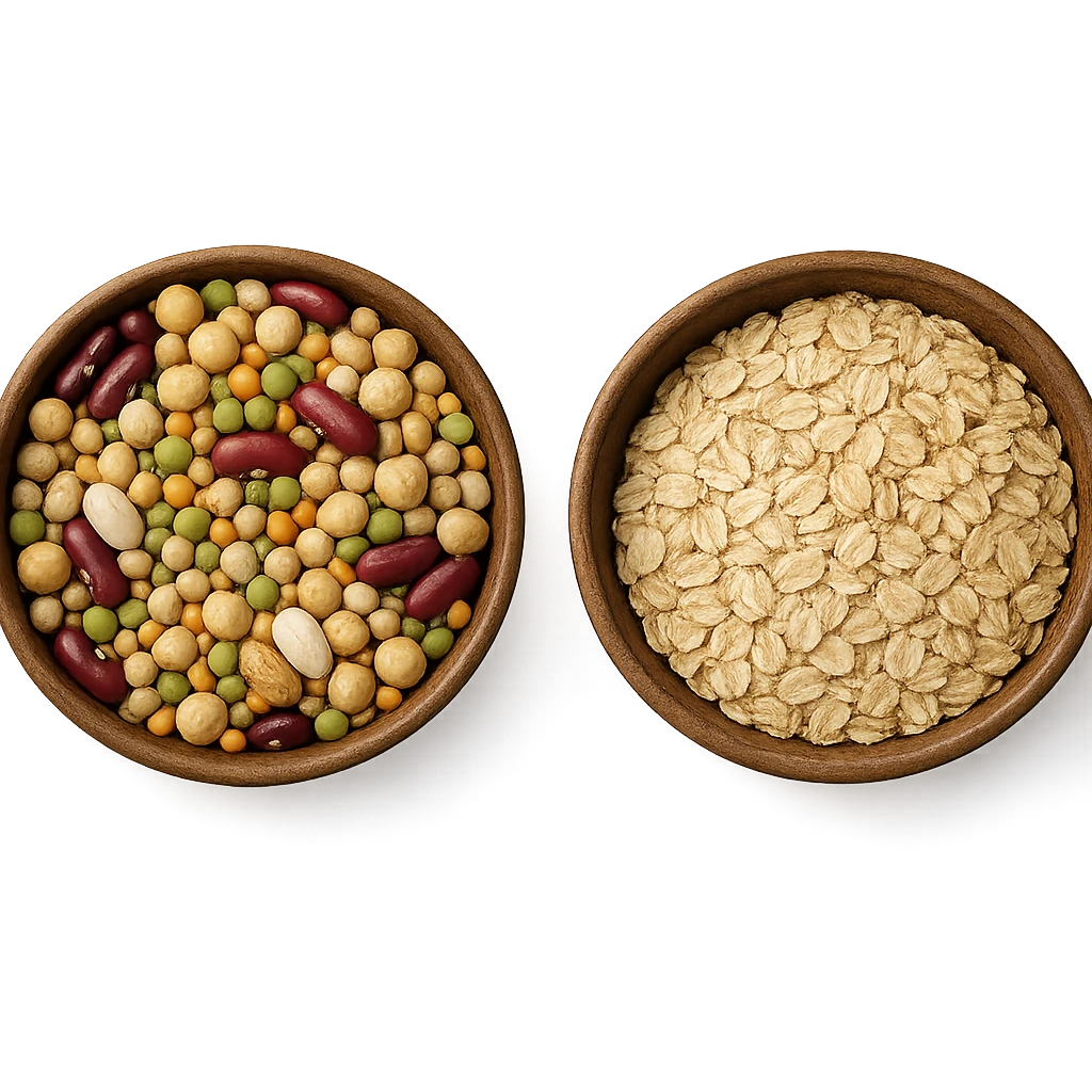 BOWL DI LEGUMI INSIEME A BOWL DI FIOCCHI DI AVENA POGGIATE,  iperrealistico 4k emoji