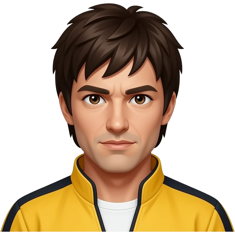 John Saxon with dark brown eyes, dark brown hair, yellow martial art outfit emoji