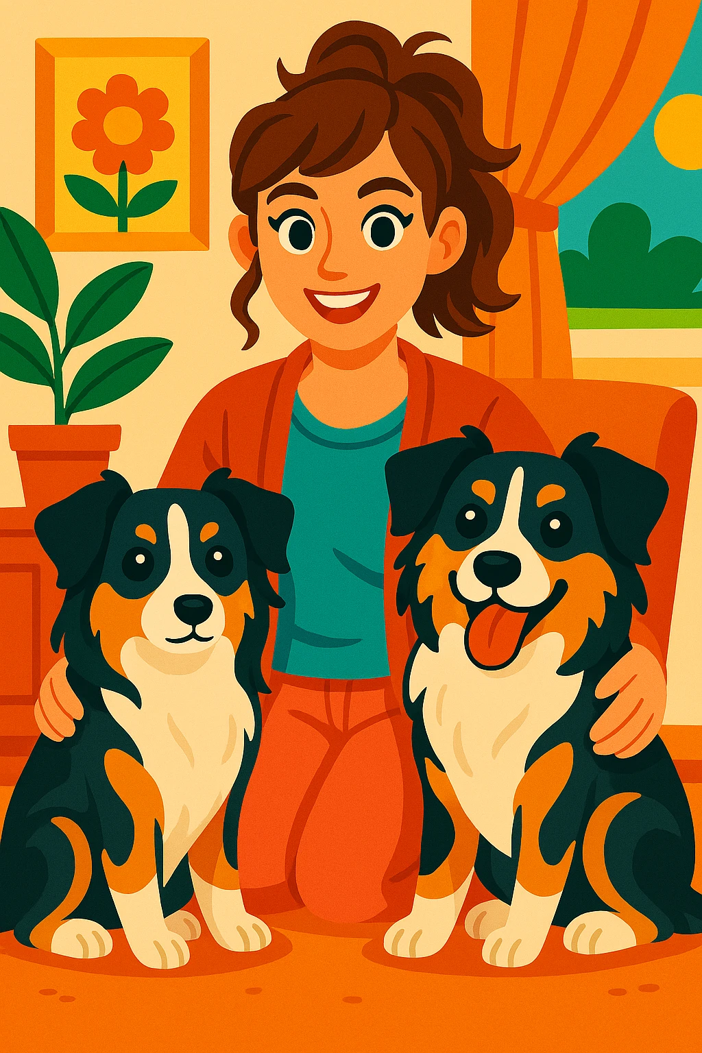 Make the woman younger while keeping her with two mini Australian shepherds, one dainty female and one boyish male, in the same vibrant toon style. emoji
