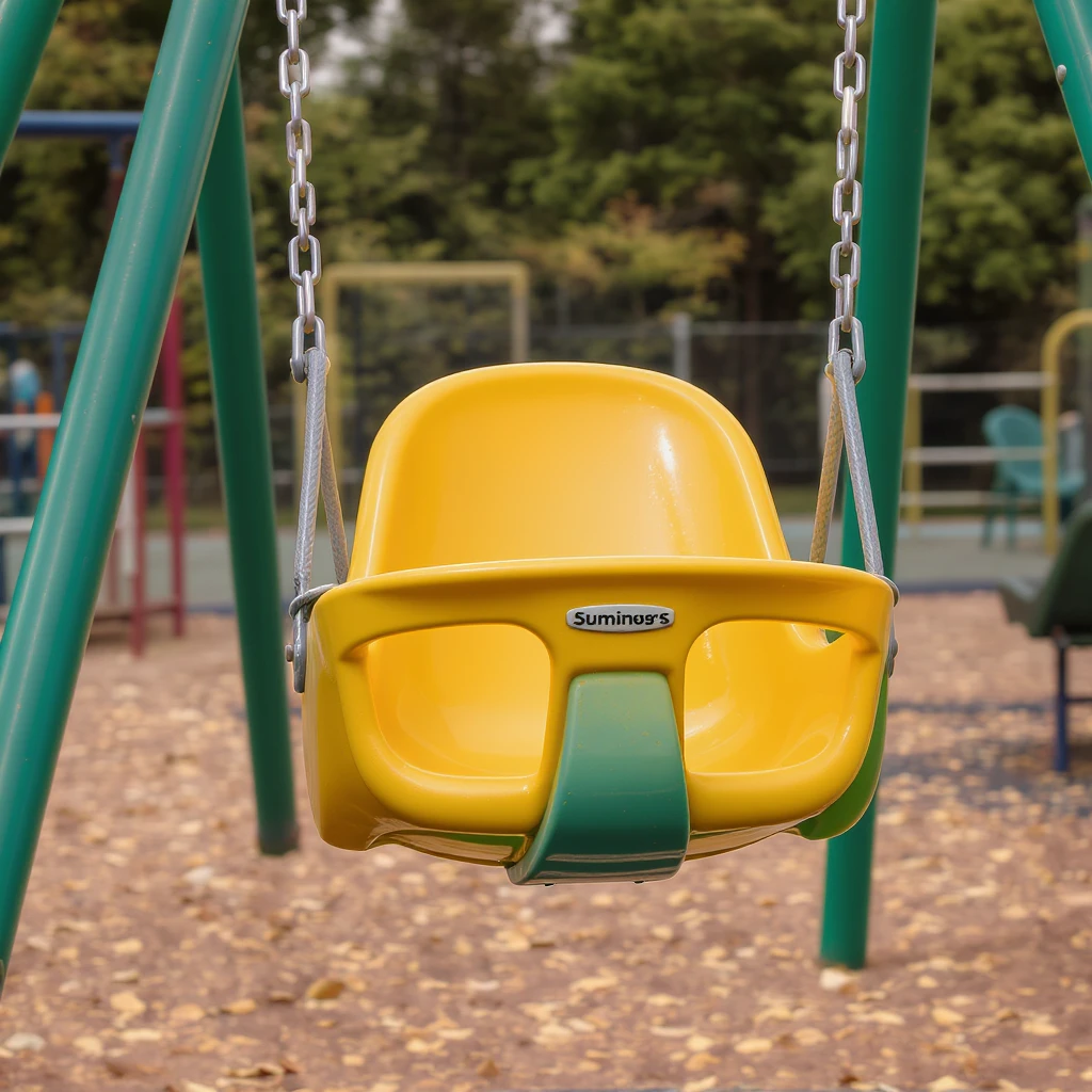 realistic playground swing-set, green frame, one yellow seat, soft lighting emoji