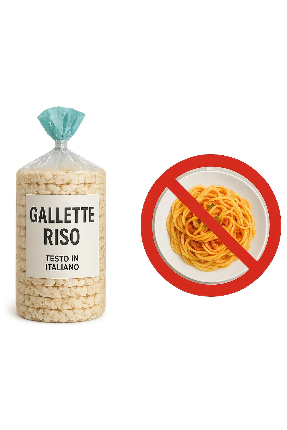 confezione di gallette di riso con accanto un piatto di pasta con divieto sopra, in italiano,  realistici emoji
