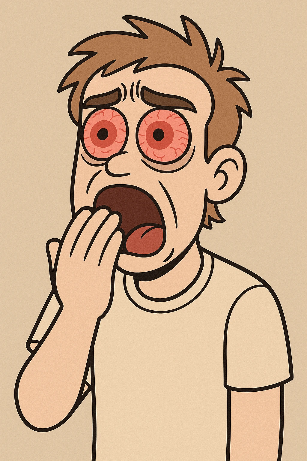an ordinary person yawning, with wide, red eyes, looking exhausted from lack of sleep, illustrated emoji