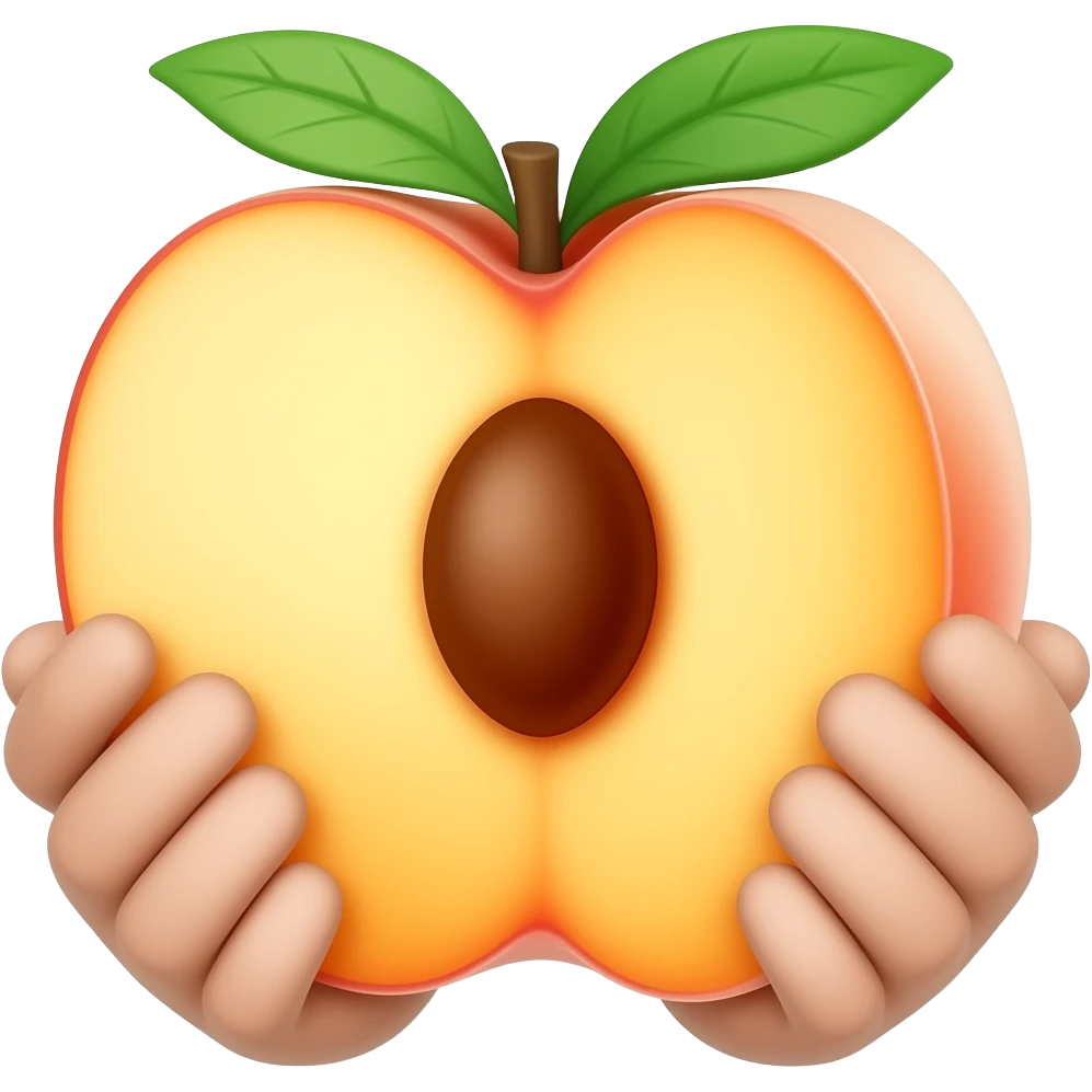 Mache ein Pfirsich mit einem kleinen runden und tiefen Loch das nach innen geht, es soll In der mitt der Pfirsich-Spalte liegen und der Pfirsich wird an den Seiten von zwei Händen gehalten emoji