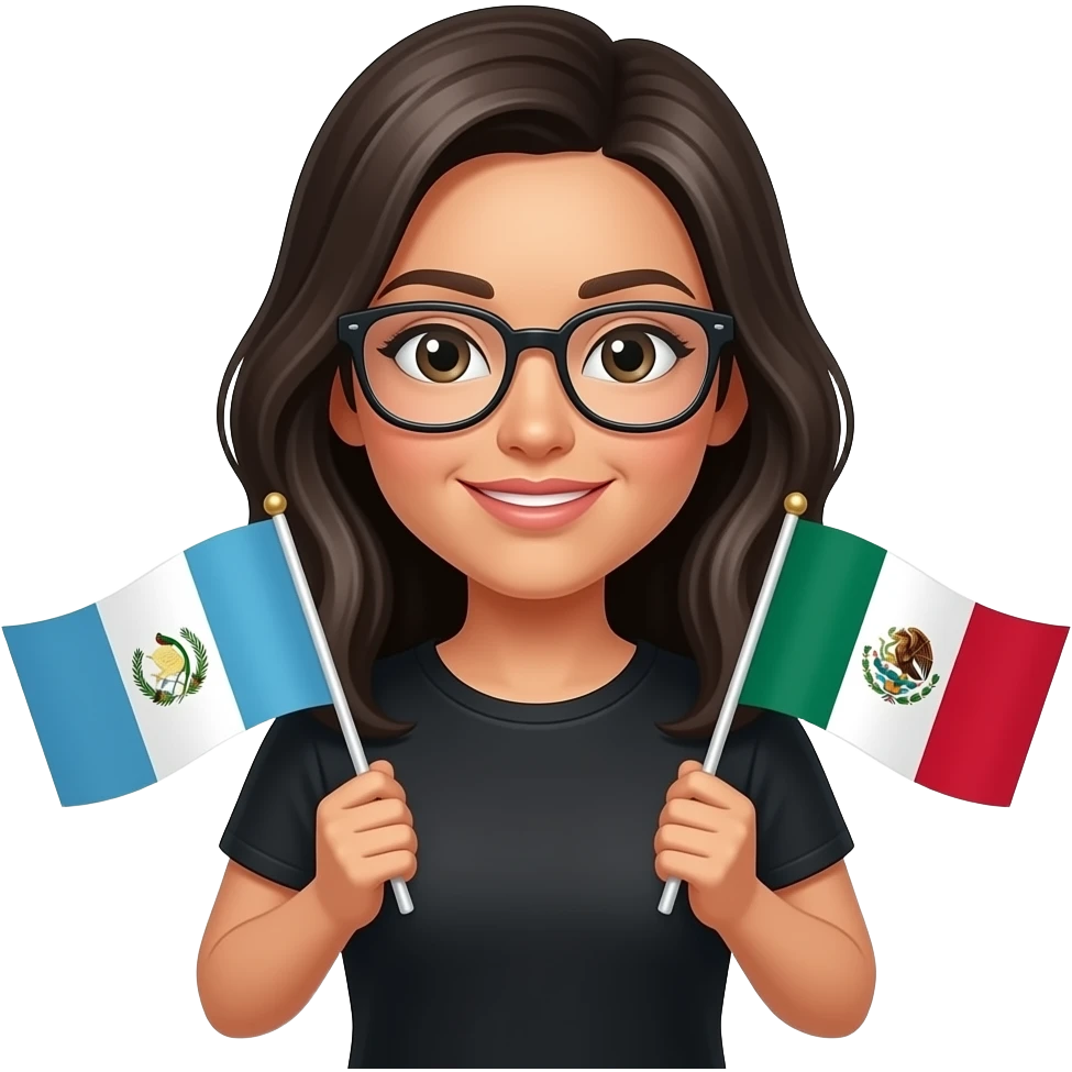 3D A Hispanic girl with glasses  holding a half Guatemala flag and half Mexican  Flag wearing a black shirt emoji