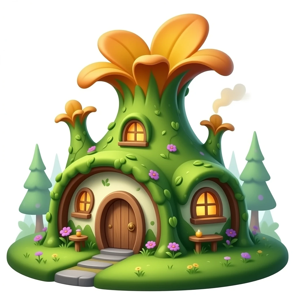 An enchanting fairy cottage in emerald green, mossy tones, and warm amber-orange, with curved organic architecture, climbing vines, petal-like roof details, and subtle violet accents, rendered in a sophisticated botanical fantasy style. emoji