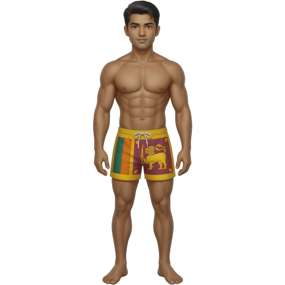 full whole complete (head-to-toe) body sri lankan young male standing with muscular build in thong with sri lanka flag theme emoji