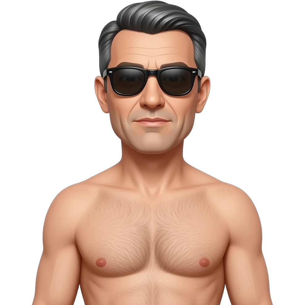 A guy, wearing sunglasses, 50 year old, full length, naked. emoji