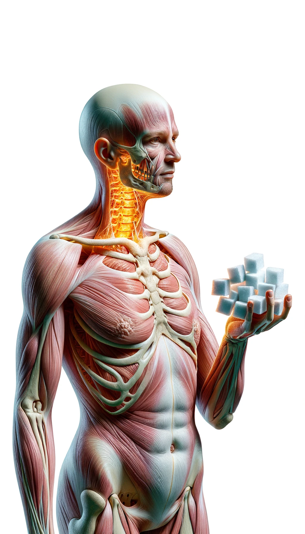 corpo umano anatomico con capelli corti a figura intera fino alle ginocchia, tiroide infiammata in evidenza, tiene in mano una manciata di zollette di zucchero, iperrealistica 4k, isolato su sfondo bianco emoji