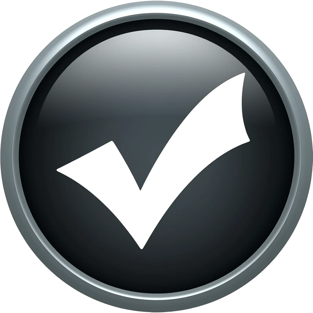 Bright black verified badge, white checkmark, emoji